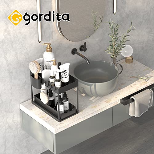 Under Sink Organizers And Storage, Under Sink Storage for Bathroom 4 Hooks And 1 Hanging Cups, The Bottom is Pull-Ou Tstorage, Suitable for Kitchen, Bathroom, Study Black