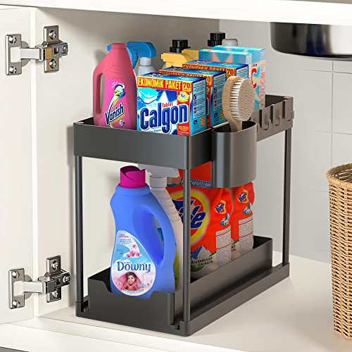 Under Sink Organizers And Storage, Under Sink Storage for Bathroom 4 Hooks And 1 Hanging Cups, The Bottom is Pull-Ou Tstorage, Suitable for Kitchen, Bathroom, Study Black