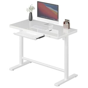 aiterminal glass standing desk with drawer, electric height adjustable home office desk with storage & usb ports, 45 x 23 inch tempered glass tabletop (white)