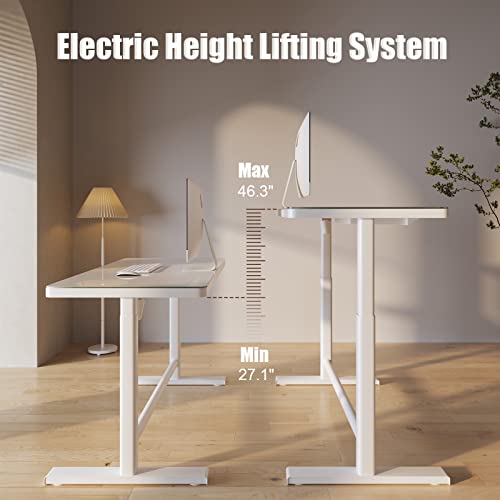 AITERMINAL Glass Standing Desk with Drawer, Electric Height Adjustable Home Office Desk with Storage & USB Ports, 45 x 23 Inch Tempered Glass Tabletop (White)