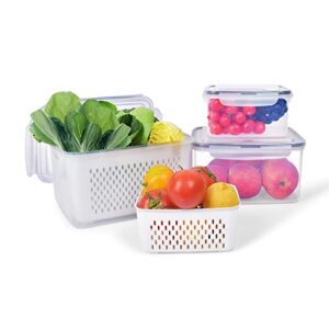 fruit vegetable storage containers for fridge,3 pcs produce saver containers for refrigerator organizer bins,plutuus bpa free plastic produce keepers with lid & colander for salad berry lettuce watermelon storage