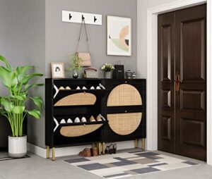 pvillez black rattan shoe cabine, shoe cabinet with 2 flip drawers for entryway, modern freestanding 2-tier shoe rack storage cabinet for entryway, hallway, bedroom