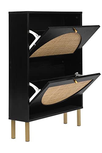 Pvillez Black Rattan Shoe Cabine, Shoe Cabinet with 2 Flip Drawers for Entryway, Modern Freestanding 2-Tier Shoe Rack Storage Cabinet for Entryway, Hallway, Bedroom