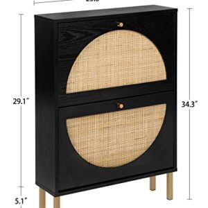 Pvillez Black Rattan Shoe Cabine, Shoe Cabinet with 2 Flip Drawers for Entryway, Modern Freestanding 2-Tier Shoe Rack Storage Cabinet for Entryway, Hallway, Bedroom