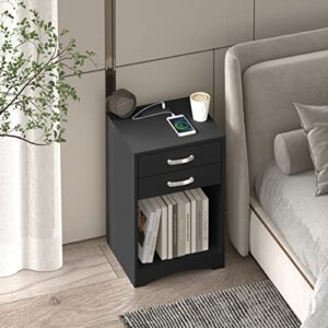 hosote Nightstands Set of 2, Black Nightstand with Charging Station USB Port, Night Stand Bedside Table Bed Side Table End Table Sofa Table with Storage Drawers for Bedroom Living Room