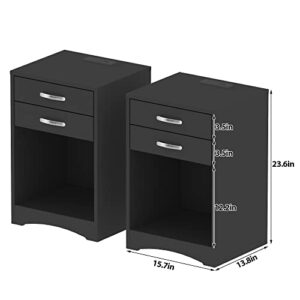 hosote Nightstands Set of 2, Black Nightstand with Charging Station USB Port, Night Stand Bedside Table Bed Side Table End Table Sofa Table with Storage Drawers for Bedroom Living Room