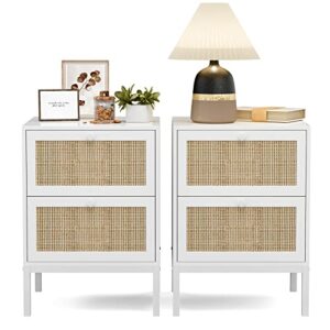 ikifly rattan nightstand set of 2, farmhouse boho end side table with 2 handmade rattan drawers, wood accent bedside table with storage for bedroom, living room - white