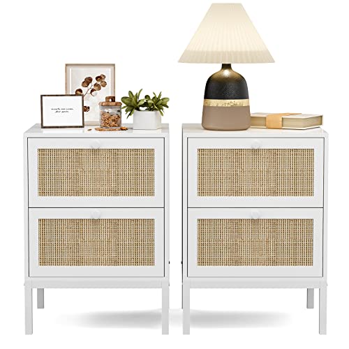 IKIFLY Rattan Nightstand Set of 2, Farmhouse Boho End Side Table with 2 Handmade Rattan Drawers, Wood Accent Bedside Table with Storage for Bedroom, Living Room - White