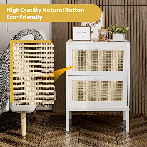 IKIFLY Rattan Nightstand Set of 2, Farmhouse Boho End Side Table with 2 Handmade Rattan Drawers, Wood Accent Bedside Table with Storage for Bedroom, Living Room - White