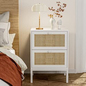 IKIFLY Rattan Nightstand Set of 2, Farmhouse Boho End Side Table with 2 Handmade Rattan Drawers, Wood Accent Bedside Table with Storage for Bedroom, Living Room - White