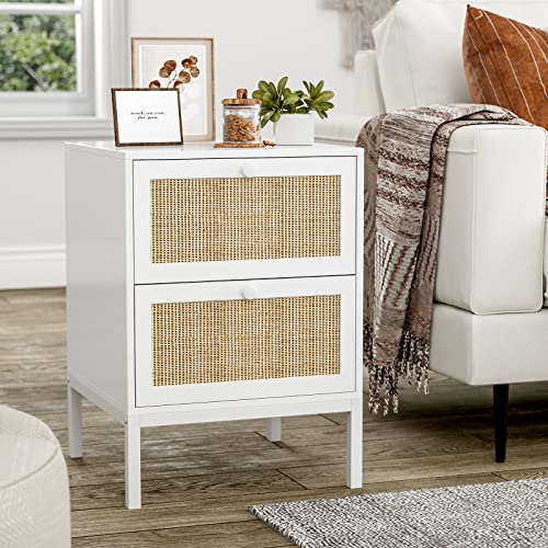 IKIFLY Rattan Nightstand Set of 2, Farmhouse Boho End Side Table with 2 Handmade Rattan Drawers, Wood Accent Bedside Table with Storage for Bedroom, Living Room - White