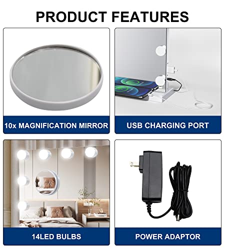 Techoln Hollywood Vanity Mirror with Lights, Lighted Makeup Mirror, Touch Control 3 Colors Dimmable LED Bulbs with 10X Magnification, USB Charging Port, Tabletop or Wall-Mounted (Large - 25")