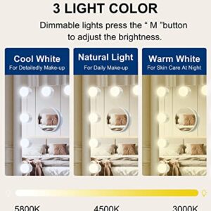 Techoln Hollywood Vanity Mirror with Lights, Lighted Makeup Mirror, Touch Control 3 Colors Dimmable LED Bulbs with 10X Magnification, USB Charging Port, Tabletop or Wall-Mounted (Large - 25")