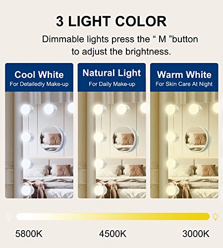 Techoln Hollywood Vanity Mirror with Lights, Lighted Makeup Mirror, Touch Control 3 Colors Dimmable LED Bulbs with 10X Magnification, USB Charging Port, Tabletop or Wall-Mounted (Large - 25")