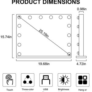 Techoln Hollywood Vanity Mirror with Lights, Lighted Makeup Mirror, Touch Control 3 Colors Dimmable LED Bulbs with 10X Magnification, USB Charging Port, Tabletop or Wall-Mounted (Large - 25")