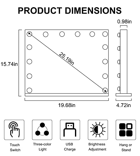 Techoln Hollywood Vanity Mirror with Lights, Lighted Makeup Mirror, Touch Control 3 Colors Dimmable LED Bulbs with 10X Magnification, USB Charging Port, Tabletop or Wall-Mounted (Large - 25")
