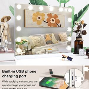 Techoln Hollywood Vanity Mirror with Lights, Lighted Makeup Mirror, Touch Control 3 Colors Dimmable LED Bulbs with 10X Magnification, USB Charging Port, Tabletop or Wall-Mounted (Large - 25")