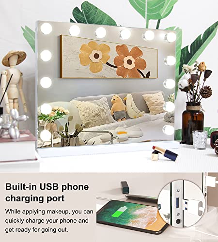 Techoln Hollywood Vanity Mirror with Lights, Lighted Makeup Mirror, Touch Control 3 Colors Dimmable LED Bulbs with 10X Magnification, USB Charging Port, Tabletop or Wall-Mounted (Large - 25")