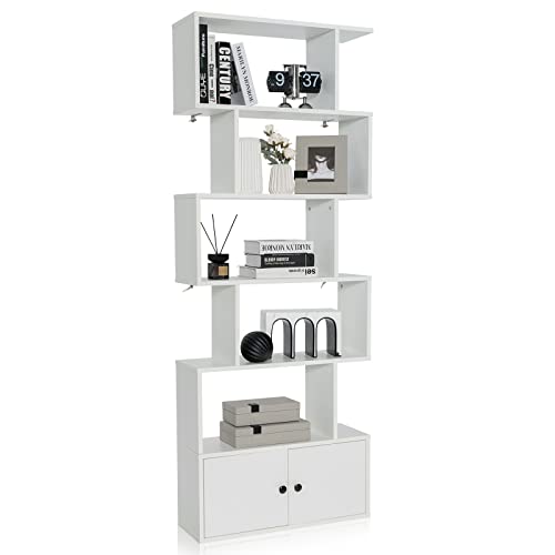 Giantex 6-Tier Geometric Bookcase with Cabinet, Freestanding Display Shelves with Anti-Tipping Device, Wood S-Shaped Bookshelf for Living Room, Bedroom, Study, White