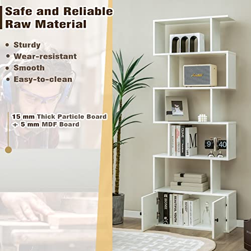 Giantex 6-Tier Geometric Bookcase with Cabinet, Freestanding Display Shelves with Anti-Tipping Device, Wood S-Shaped Bookshelf for Living Room, Bedroom, Study, White