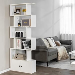 Giantex 6-Tier Geometric Bookcase with Cabinet, Freestanding Display Shelves with Anti-Tipping Device, Wood S-Shaped Bookshelf for Living Room, Bedroom, Study, White