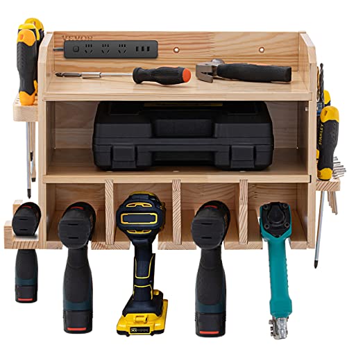 VEVOR Power Tool Organizer, Wall Mounted Drill Holder, 4 Hanging Slots Drill Charging Station, 2-Shelf Cordless Drill Storage, Polished Wooden Toolbox for Saw, Wrench, Screwdriver Drill