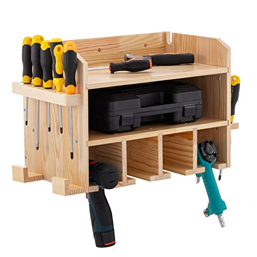 VEVOR Power Tool Organizer, Wall Mounted Drill Holder, 4 Hanging Slots Drill Charging Station, 2-Shelf Cordless Drill Storage, Polished Wooden Toolbox for Saw, Wrench, Screwdriver Drill