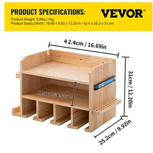 VEVOR Power Tool Organizer, Wall Mounted Drill Holder, 4 Hanging Slots Drill Charging Station, 2-Shelf Cordless Drill Storage, Polished Wooden Toolbox for Saw, Wrench, Screwdriver Drill