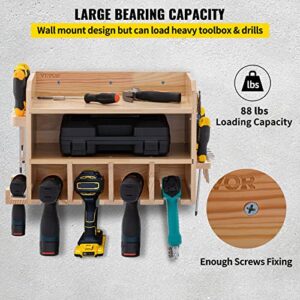 VEVOR Power Tool Organizer, Wall Mounted Drill Holder, 4 Hanging Slots Drill Charging Station, 2-Shelf Cordless Drill Storage, Polished Wooden Toolbox for Saw, Wrench, Screwdriver Drill