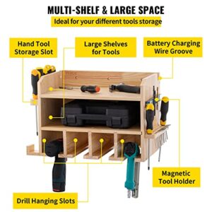 VEVOR Power Tool Organizer, Wall Mounted Drill Holder, 4 Hanging Slots Drill Charging Station, 2-Shelf Cordless Drill Storage, Polished Wooden Toolbox for Saw, Wrench, Screwdriver Drill