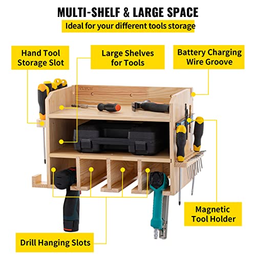 VEVOR Power Tool Organizer, Wall Mounted Drill Holder, 4 Hanging Slots Drill Charging Station, 2-Shelf Cordless Drill Storage, Polished Wooden Toolbox for Saw, Wrench, Screwdriver Drill