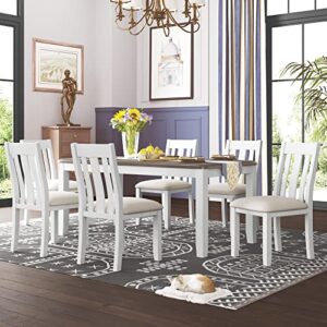 merax retro style 7-piece dining set, include extendable table and 6 upholstered chairs, brown+white(7pcs)