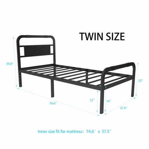 Emiosmt 14 Inch Twin Metal Platform Bed Frame with Headboard and Footboard,2500lbs Heavy Duty Steel Slat Support,No Box Spring Needed,Easy Assembly,Square Tube,Twin Bed Frame