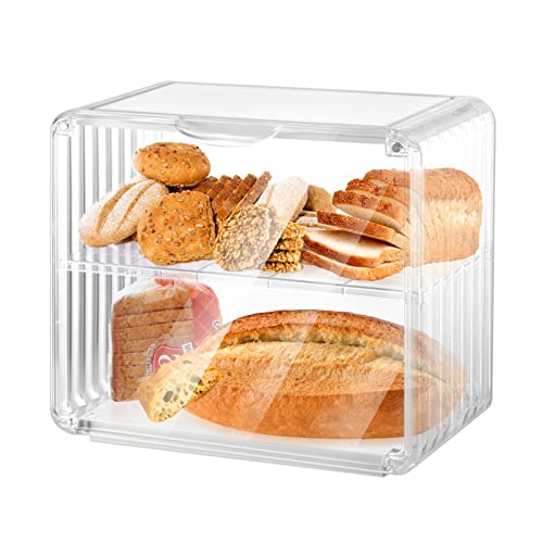 Bread Box Double Layer Bread Holder, Durable Plastic Food Storage Container, Clear Bread Boxes for Kitchen Countertop, Bread Bin for Homemade Bread, Cupcakes, Cookies, Muffins (14.6"x7.9"x12.8")