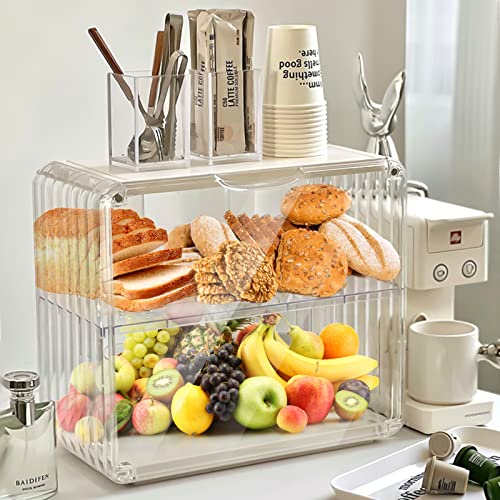 Bread Box Double Layer Bread Holder, Durable Plastic Food Storage Container, Clear Bread Boxes for Kitchen Countertop, Bread Bin for Homemade Bread, Cupcakes, Cookies, Muffins (14.6"x7.9"x12.8")