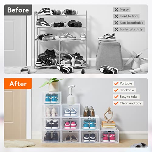 Lifewit 6 Pack Shoe Storage Box Clear Stackable Hard Sturdy Plastic Shoe Organizer Bin Foldable Sneaker Display Containers Holders for Closet Entryway, Fit Up to US Size 13