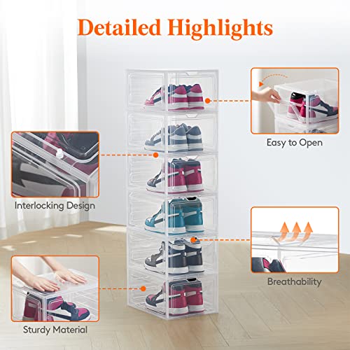 Lifewit 6 Pack Shoe Storage Box Clear Stackable Hard Sturdy Plastic Shoe Organizer Bin Foldable Sneaker Display Containers Holders for Closet Entryway, Fit Up to US Size 13