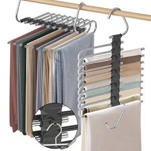 upgrade 9 layers pants hangers space saving, 2 pack non slip stainless steel multifunctional pants rack closet pant hanger organizer with hooks for pants jeans trousers dorm room essentials, black