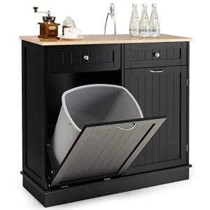 giantex kitchen trash cabinet, kitchen island with tilt out garbage bin, rubber wood countertop, large cabinet, 2 drawers, adjustable shelf, recycling can holder organizer (black)