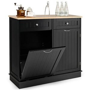 Giantex Kitchen Trash Cabinet, Kitchen Island with Tilt Out Garbage Bin, Rubber Wood Countertop, Large Cabinet, 2 Drawers, Adjustable Shelf, Recycling Can Holder Organizer (Black)