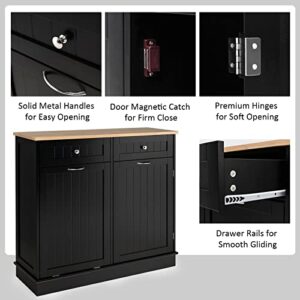 Giantex Kitchen Trash Cabinet, Kitchen Island with Tilt Out Garbage Bin, Rubber Wood Countertop, Large Cabinet, 2 Drawers, Adjustable Shelf, Recycling Can Holder Organizer (Black)