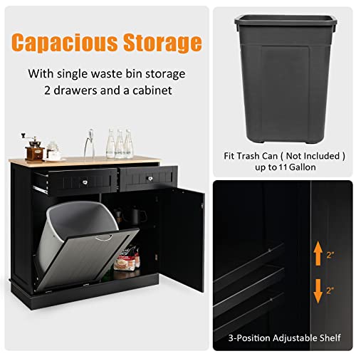 Giantex Kitchen Trash Cabinet, Kitchen Island with Tilt Out Garbage Bin, Rubber Wood Countertop, Large Cabinet, 2 Drawers, Adjustable Shelf, Recycling Can Holder Organizer (Black)