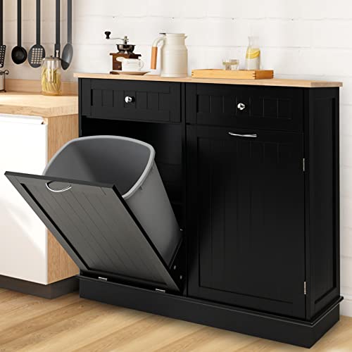 Giantex Kitchen Trash Cabinet, Kitchen Island with Tilt Out Garbage Bin, Rubber Wood Countertop, Large Cabinet, 2 Drawers, Adjustable Shelf, Recycling Can Holder Organizer (Black)