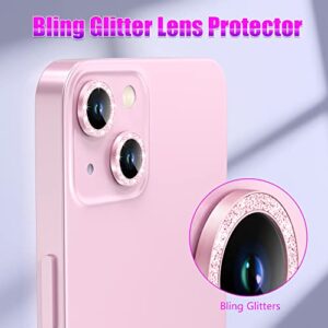 AGVEE 3+3 6 Pack for iPhone 13 6.1 inch / 13 Mini 5.4 inch Camera Lens Protector, Bling Diamond & Bling Glitter Metal Ring 9H Tempered HD Glass Camera Protector Cover Film, Bling-Pink