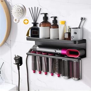 yimerlen airwrap storage holder compatible with dyson airwrap curling iron wall mount storage rack holder for bathroom attachments organizer (black, with shampoo comb)