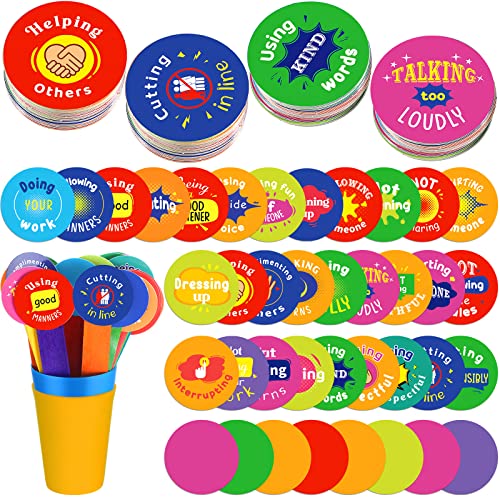 122 Pcs Good Behaviour Buckets Classroom Educational Supplies Include 60 Educational Classroom Movement Cards 60 Wooden Sticks and 2 Pcs Plastic Cup with Adhesive Social Emotional Toy for Kids