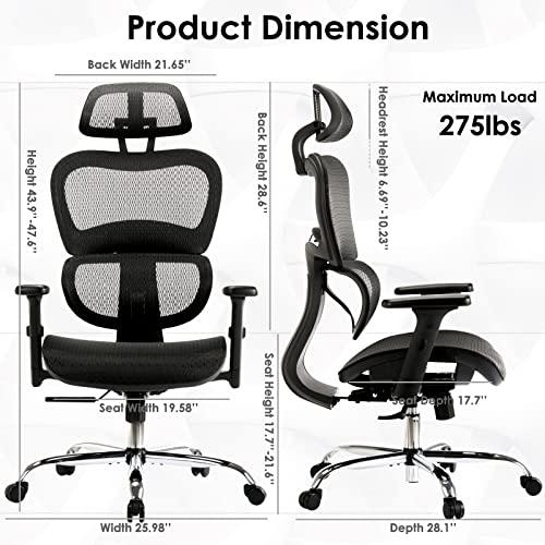 COLAMY Ergonomic Mesh Office Chair-Adjustable Reclining Backrest and Headrest with 4D Armrests, Executive High Back Design Lumbar Support for Home, Gaming, Study-Black, 275lbs