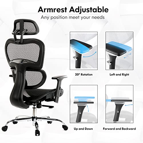 COLAMY Ergonomic Mesh Office Chair-Adjustable Reclining Backrest and Headrest with 4D Armrests, Executive High Back Design Lumbar Support for Home, Gaming, Study-Black, 275lbs