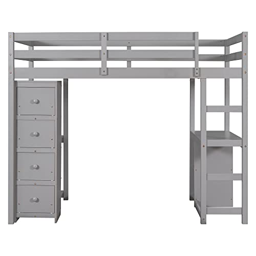 Merax Twin Over Twin Bunk Bed with 2 Desk and 4 Storage Drawers and Built-in Shelves, Wood Loft Bed Frame for Teens, No Box Spring Need, Grey