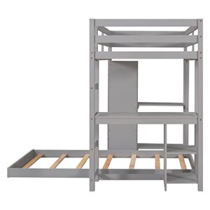 Merax Twin Over Twin Bunk Bed with 2 Desk and 4 Storage Drawers and Built-in Shelves, Wood Loft Bed Frame for Teens, No Box Spring Need, Grey